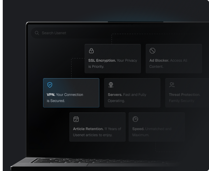 A laptop with a Usenet Search bar at the top and a number of Pure Secure features include SSL Encryption, VPN, Ad Blocker, Servers, Threat Protection, Article Retention, and Speed.