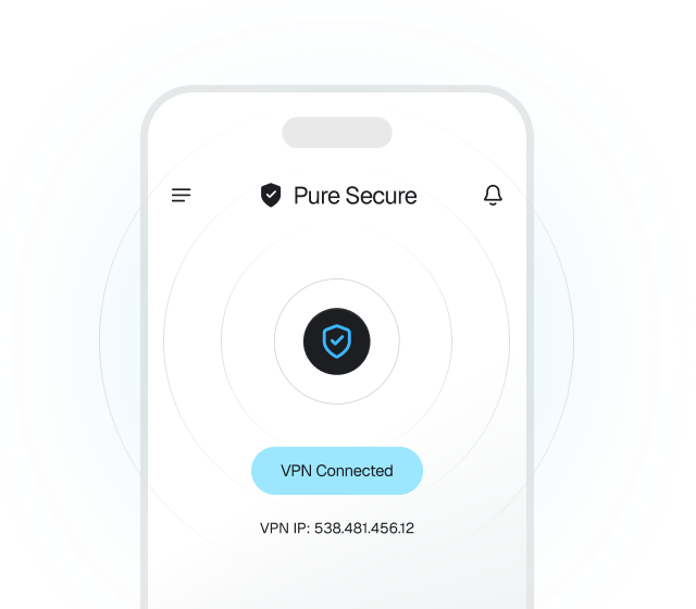 A closeup of a Pure Secure interface on a mobile phone. It shows that the VPN is connected.