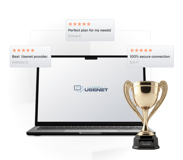 A laptop with the Pure Usenet logo on the screen is open. There is a golden trophy in front of it reading 'BEST USENET PROVIDER' and several five star reviews hovering in boxes around it.