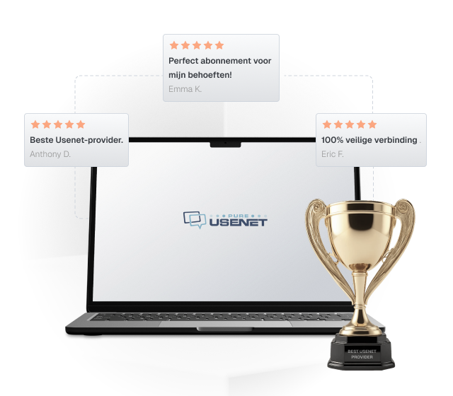 Een laptop met het Pure Usenet-logo op het scherm staat open. Er staat een gouden trofee voor met de tekst 'BESTE USENET PROVIDER' en er zweven meerdere vijfsterrenbeoordelingen in vakjes eromheen.