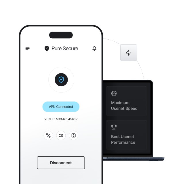 A cellphone with the Pure Secure VPN on it showing that the VPN is connected. It also says 'Maximum Usenet Speed' and 'Best Usenet Performance' in boxes on a laptop in the background.