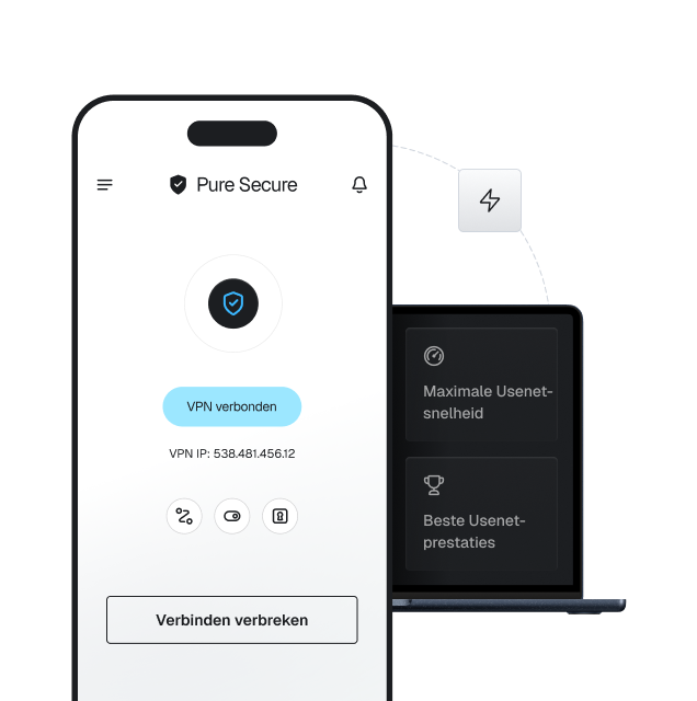 Een mobiele telefoon met de Pure Secure VPN erop, waarop te zien is dat de VPN verbonden is. Er staat ook 'Maximale Usenet-snelheid' en 'Beste Usenet-prestaties' in kaders op een laptop op de achtergrond.