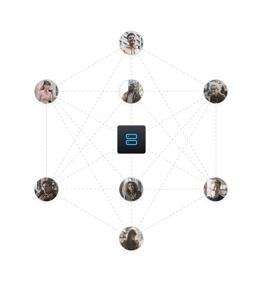 Eight pictures of people are connected to one another with dotted lines.
