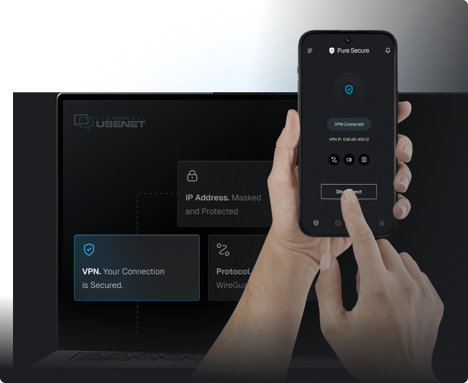 A closeup of a pair of hands holding a mobile phone that has a Pure Secure screen on it. There is a laptop in the background showing various benefits of Pure Secure, including VPN, IP masking, etc.