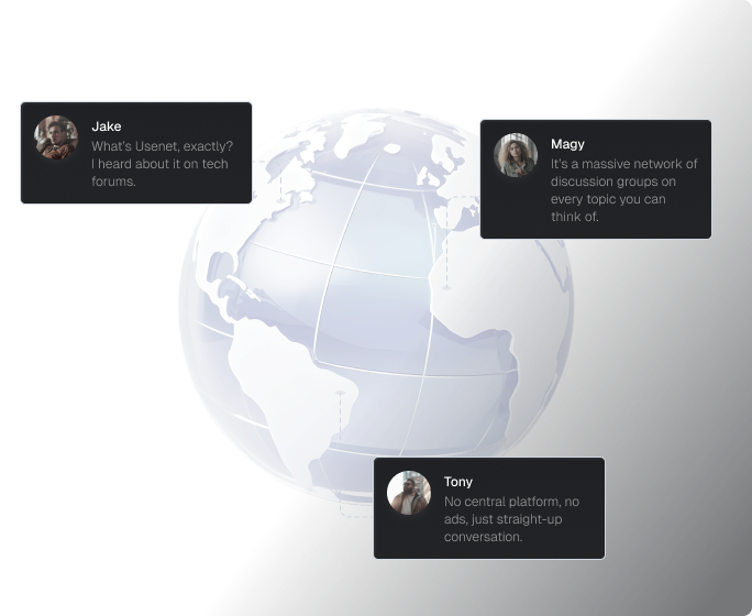 A drawing of a globe in dusty greys and blues. Three parts of a discussion about what Usenet is can be seen in floating boxes pointing to various places on the globe.