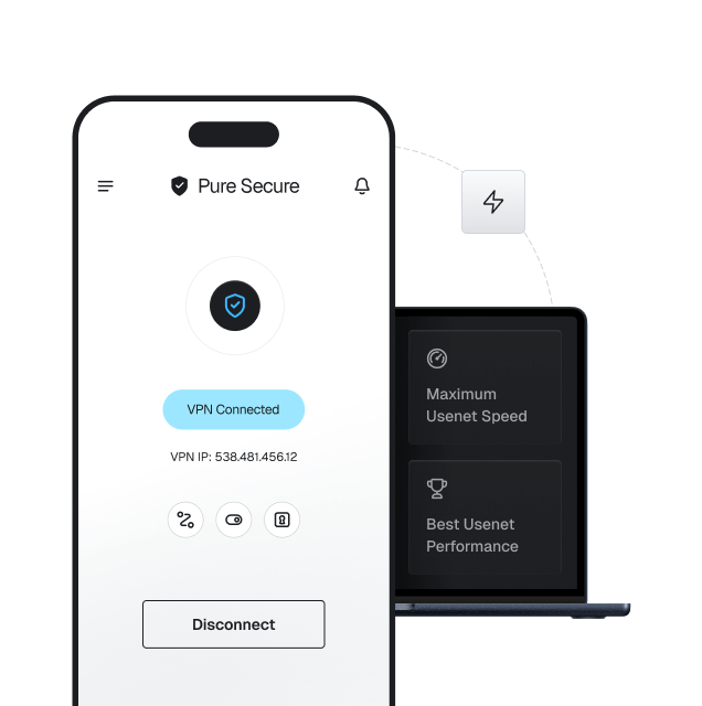 A cellphone with the Pure Secure VPN on it showing that the VPN is connected. It also says 'Maximum Usenet Speed' and 'Best Usenet Performance' in boxes on a laptop in the background.