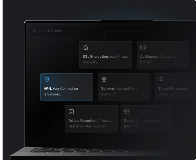 A laptop with a Usenet Search bar at the top and a number of Pure Secure features include SSL Encryption, VPN, Ad Blocker, Servers, Threat Protection, Article Retention, and Speed.