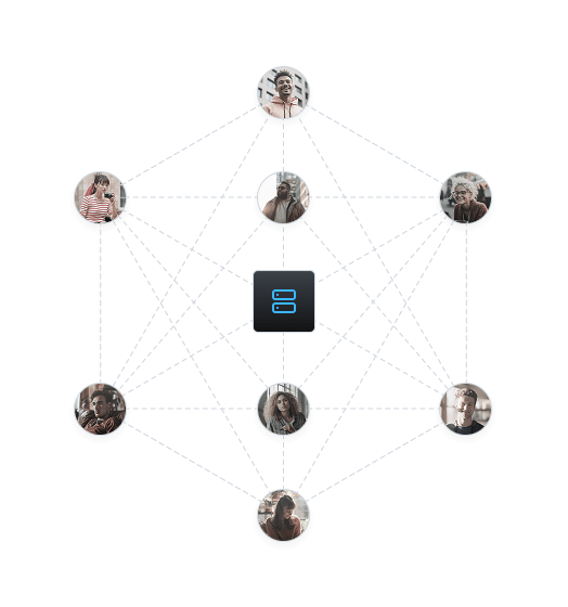 Eight pictures of people are connected to one another with dotted lines.