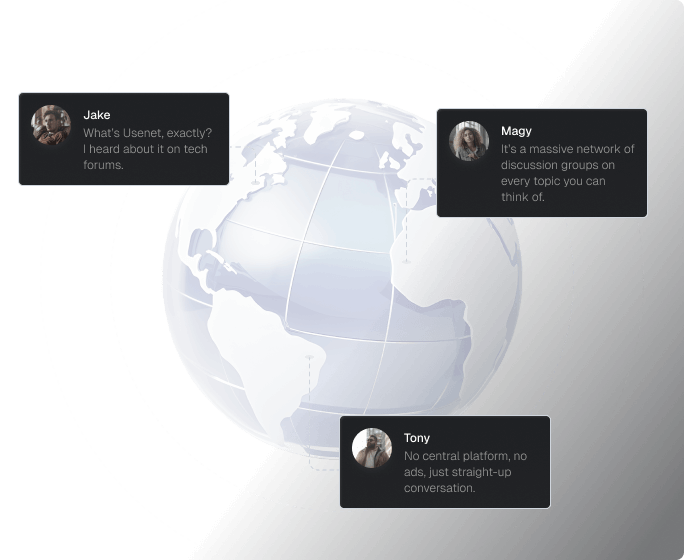 A drawing of a globe in dusty greys and blues. Three parts of a discussion about what Usenet is can be seen in floating boxes pointing to various places on the globe.