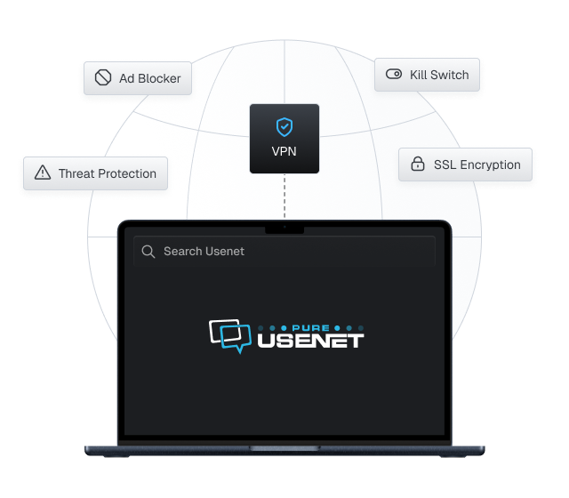 A laptop has a Usenet Search bar and the Pure Usenet logo on it. There is a wireframe globe behind it with several floating boxes that read 'Ad Blocker,' 'Threat Protection,' 'Kill Switch,' and 'SSL Encryption'.