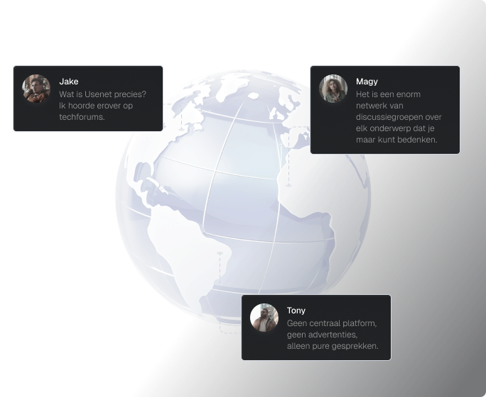 Een tekening van een globe in stoffige grijstinten en blauwen. Drie delen van een discussie over wat Usenet is, zijn te zien in zwevende vakken die naar verschillende plaatsen op de globe wijzen.