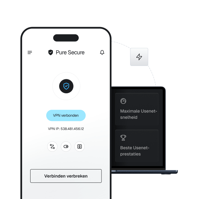 Een mobiele telefoon met de Pure Secure VPN erop, waarop te zien is dat de VPN verbonden is. Er staat ook 'Maximale Usenet-snelheid' en 'Beste Usenet-prestaties' in kaders op een laptop op de achtergrond.
