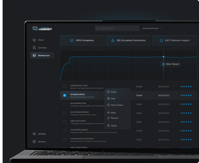 A laptop shows a newsreader browsing a variety of newsgroups. Somebody has opened a contextual menu that includes options for Pause, Stop, Add to Queue, etc. A chart shows that the user has reached max speed.