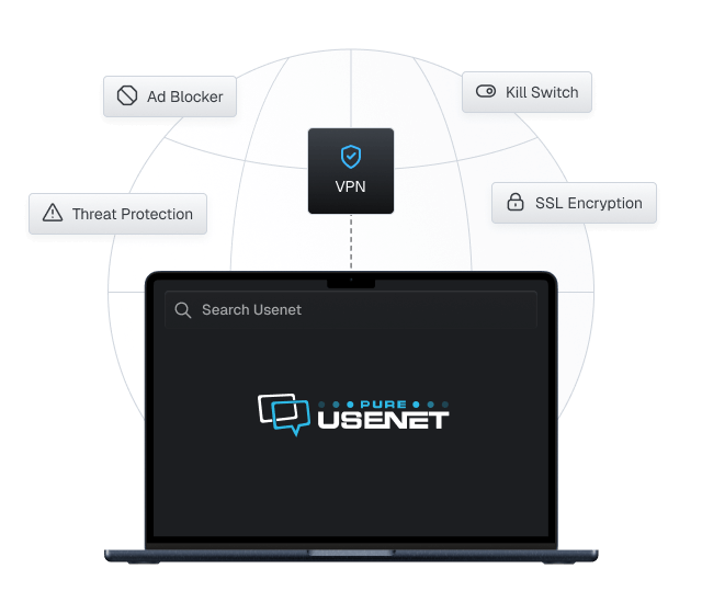 A laptop has a Usenet Search bar and the Pure Usenet logo on it. There is a wireframe globe behind it with several floating boxes that read 'Ad Blocker,' 'Threat Protection,' 'Kill Switch,' and 'SSL Encryption'.