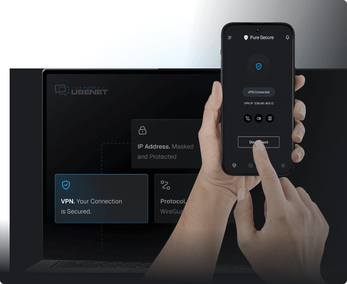 A closeup of a pair of hands holding a mobile phone that has a Pure Secure screen on it. There is a laptop in the background showing various benefits of Pure Secure, including VPN, IP masking, etc.