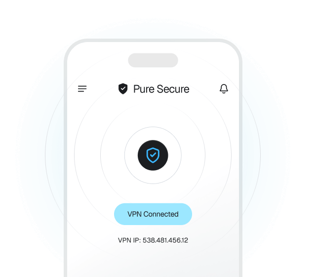 A closeup of a Pure Secure interface on a mobile phone. It shows that the VPN is connected.