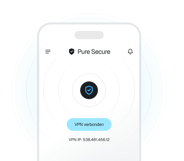 Een close-up van een Pure Secure-interface op een mobiele telefoon. Het toont dat de VPN is verbonden.