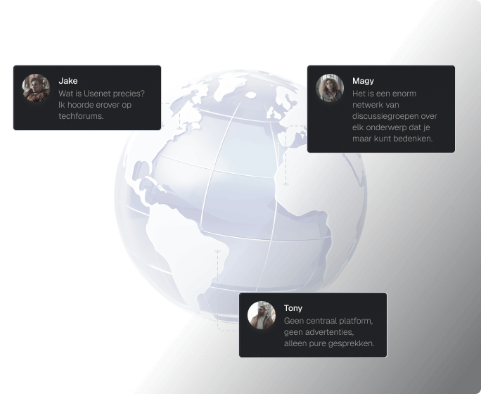Een tekening van een globe in stoffige grijstinten en blauwen. Drie delen van een discussie over wat Usenet is, zijn te zien in zwevende vakken die naar verschillende plaatsen op de globe wijzen.