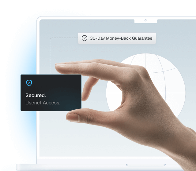 A closeup of somebody’s hand that appears to be holding a box that says, “Secured. Usenet Access.” There is a laptop in the background with a wireframe of a globe and a floating box that says, “30-Day Money-Back Guarantee.”